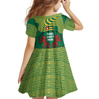 Togo Family Matching Off Shoulder Maxi Dress and Hawaiian Shirt with Red Twin Lions and Travail Liberté Patrie Slogan