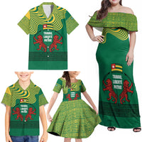 Togo Family Matching Off Shoulder Maxi Dress and Hawaiian Shirt with Red Twin Lions and Travail Liberté Patrie Slogan