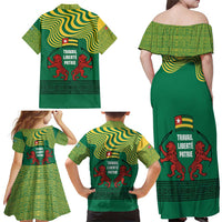 Togo Family Matching Off Shoulder Maxi Dress and Hawaiian Shirt with Red Twin Lions and Travail Liberté Patrie Slogan