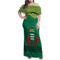 Togo Family Matching Off Shoulder Maxi Dress and Hawaiian Shirt with Red Twin Lions and Travail Liberté Patrie Slogan
