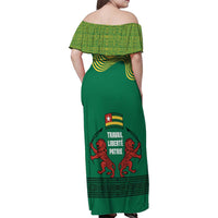 Togo Family Matching Off Shoulder Maxi Dress and Hawaiian Shirt with Red Twin Lions and Travail Liberté Patrie Slogan