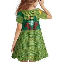 Togo Family Matching Off Shoulder Short Dress and Hawaiian Shirt with Red Twin Lions and Travail Liberté Patrie Slogan