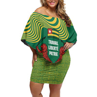 Togo Family Matching Off Shoulder Short Dress and Hawaiian Shirt with Red Twin Lions and Travail Liberté Patrie Slogan