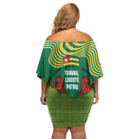 Togo Family Matching Off Shoulder Short Dress and Hawaiian Shirt with Red Twin Lions and Travail Liberté Patrie Slogan