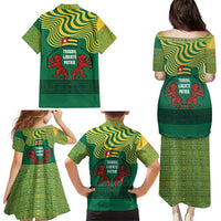 Togo Family Matching Puletasi and Hawaiian Shirt with Red Twin Lions and Travail Liberté Patrie Slogan