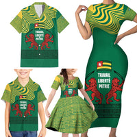 Togo Family Matching Short Sleeve Bodycon Dress and Hawaiian Shirt with Red Twin Lions and Travail Liberté Patrie Slogan