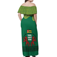 Togo Off Shoulder Maxi Dress with Red Twin Lions and Travail Liberté Patrie Slogan