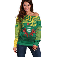 Togo Off Shoulder Sweater with Red Twin Lions and Travail Liberté Patrie Slogan