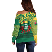 Togo Off Shoulder Sweater with Red Twin Lions and Travail Liberté Patrie Slogan