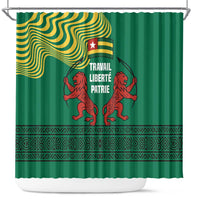 Togo Shower Curtain with Red Twin Lions and Travail Liberté Patrie Slogan