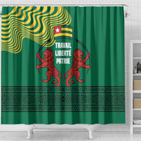 Togo Shower Curtain with Red Twin Lions and Travail Liberté Patrie Slogan