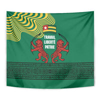 Togo Tapestry with Red Twin Lions and Travail Liberté Patrie Slogan