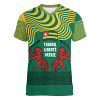 Togo Women V-Neck T-Shirt with Red Twin Lions and Travail Liberté Patrie Slogan