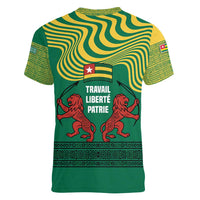 Togo Women V-Neck T-Shirt with Red Twin Lions and Travail Liberté Patrie Slogan