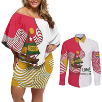Lome Togo Couples Matching Off Shoulder Short Dress and Long Sleeve Button Shirt with Sailboat and Sunset – Where the Sun Kisses the Sea