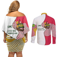 Lome Togo Couples Matching Off Shoulder Short Dress and Long Sleeve Button Shirt with Sailboat and Sunset – Where the Sun Kisses the Sea