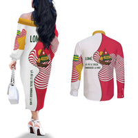 Lome Togo Couples Matching Off The Shoulder Long Sleeve Dress and Long Sleeve Button Shirt with Sailboat and Sunset – Where the Sun Kisses the Sea