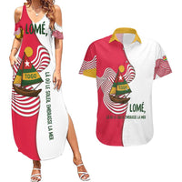 Lome Togo Couples Matching Summer Maxi Dress and Hawaiian Shirt with Sailboat and Sunset – Where the Sun Kisses the Sea