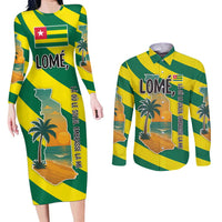 Lome Togo Sunset Couples Matching Long Sleeve Bodycon Dress and Long Sleeve Button Shirt with Palm Trees and Ocean Embrace Design