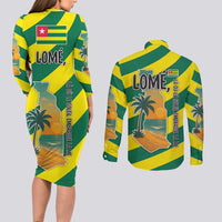 Lome Togo Sunset Couples Matching Long Sleeve Bodycon Dress and Long Sleeve Button Shirt with Palm Trees and Ocean Embrace Design