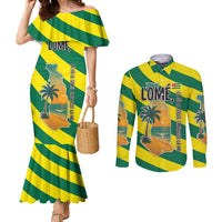 Lome Togo Sunset Couples Matching Mermaid Dress and Long Sleeve Button Shirt with Palm Trees and Ocean Embrace Design