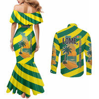 Lome Togo Sunset Couples Matching Mermaid Dress and Long Sleeve Button Shirt with Palm Trees and Ocean Embrace Design