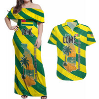 Lome Togo Sunset Couples Matching Off Shoulder Maxi Dress and Hawaiian Shirt with Palm Trees and Ocean Embrace Design