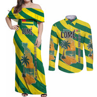 Lome Togo Sunset Couples Matching Off Shoulder Maxi Dress and Long Sleeve Button Shirt with Palm Trees and Ocean Embrace Design