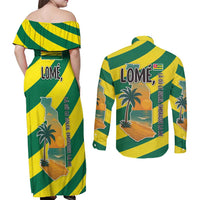 Lome Togo Sunset Couples Matching Off Shoulder Maxi Dress and Long Sleeve Button Shirt with Palm Trees and Ocean Embrace Design
