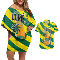 Lome Togo Sunset Couples Matching Off Shoulder Short Dress and Hawaiian Shirt with Palm Trees and Ocean Embrace Design