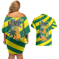 Lome Togo Sunset Couples Matching Off Shoulder Short Dress and Hawaiian Shirt with Palm Trees and Ocean Embrace Design