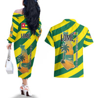 Lome Togo Sunset Couples Matching Off The Shoulder Long Sleeve Dress and Hawaiian Shirt with Palm Trees and Ocean Embrace Design