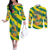 Lome Togo Sunset Couples Matching Off The Shoulder Long Sleeve Dress and Long Sleeve Button Shirt with Palm Trees and Ocean Embrace Design