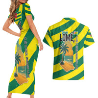 Lome Togo Sunset Couples Matching Short Sleeve Bodycon Dress and Hawaiian Shirt with Palm Trees and Ocean Embrace Design