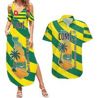 Lome Togo Sunset Couples Matching Summer Maxi Dress and Hawaiian Shirt with Palm Trees and Ocean Embrace Design