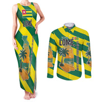 Lome Togo Sunset Couples Matching Tank Maxi Dress and Long Sleeve Button Shirt with Palm Trees and Ocean Embrace Design