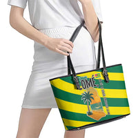 Lome Togo Sunset Leather Tote Bag with Palm Trees and Ocean Embrace Design