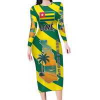 Lome Togo Sunset Long Sleeve Bodycon Dress with Palm Trees and Ocean Embrace Design