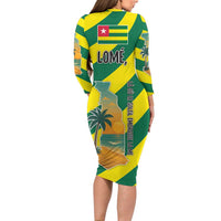 Lome Togo Sunset Long Sleeve Bodycon Dress with Palm Trees and Ocean Embrace Design