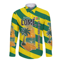 Lome Togo Sunset Long Sleeve Button Shirt with Palm Trees and Ocean Embrace Design