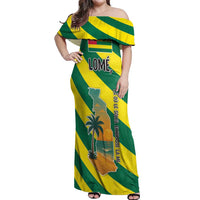 Lome Togo Sunset Off Shoulder Maxi Dress with Palm Trees and Ocean Embrace Design