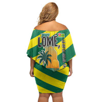 Lome Togo Sunset Off Shoulder Short Dress with Palm Trees and Ocean Embrace Design