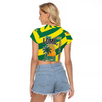 Lome Togo Sunset Raglan Cropped T Shirt with Palm Trees and Ocean Embrace Design