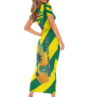 Lome Togo Sunset Short Sleeve Bodycon Dress with Palm Trees and Ocean Embrace Design