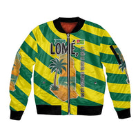 Lome Togo Sunset Sleeve Zip Bomber Jacket with Palm Trees and Ocean Embrace Design