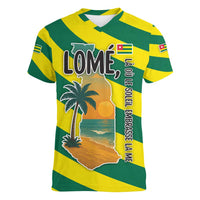 Lome Togo Sunset Women V-Neck T-Shirt with Palm Trees and Ocean Embrace Design