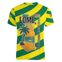 Lome Togo Sunset Women V-Neck T-Shirt with Palm Trees and Ocean Embrace Design