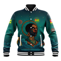 Togo Futuristic Afrocentric Woman Baseball Jacket with Flag and Stars Design