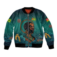 Togo Futuristic Afrocentric Woman Bomber Jacket with Flag and Stars Design