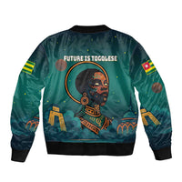 Togo Futuristic Afrocentric Woman Bomber Jacket with Flag and Stars Design